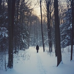 Poster - A single person walks a snowy path through the woods, trees line the path on both sides and the sun shines faintly through the branches.