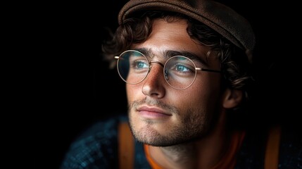 A portrait of a man with glasses and a hat, gazing thoughtfully sideways, highlighting a contemplative and sophisticated expression, blending vintage and modern styles.