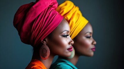 Two women in bright traditional headwraps, one pink and one yellow, standing against a dark background, showcasing a beautiful cultural and fashion statement.