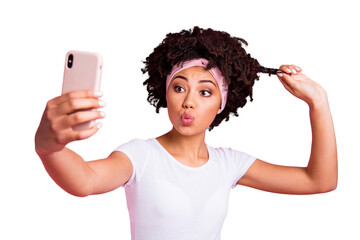 Sticker - Close-up portrait of her she nice charming cute attractive lovely cheerful cheery wavy-haired girl taking making selfie showing strong curls sending kiss isolated over pink pastel background