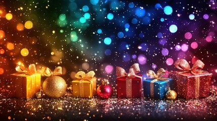 Wall Mural - Colorful Christmas gifts arranged on a table with sparkling decorations and vibrant light bokeh in the background