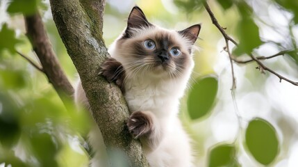 Wall Mural - A fluffy cat with blue eyes perched on a tree branch, surrounded by green leaves.