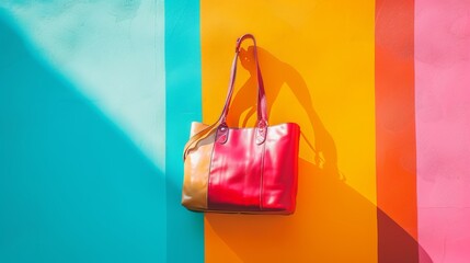 Red leather handbag hanging on a colorful striped wall