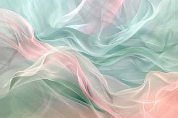 Wall Mural - Serene pastel waves in soft mint and rose hues, forming a tranquil, flowing abstract digital art design.