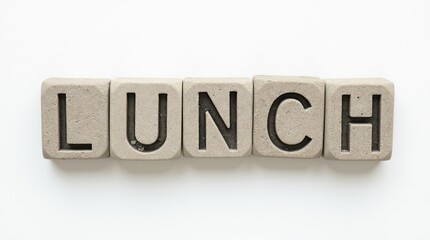 Wall Mural - lunch text displayed in carved stone blocks on a white background
