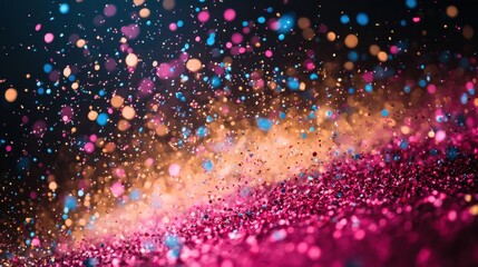 Poster - Colorful glitter particles dance in a shimmering display against a dark background, creating an enchanting atmosphere of celebration