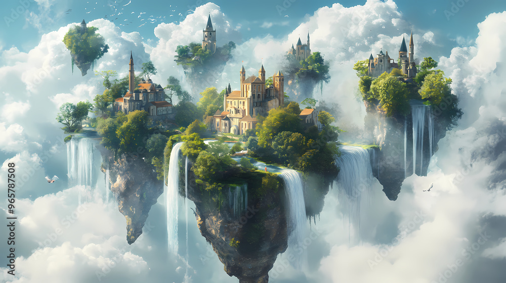 Fantasy kingdom in a floating island in the sky, clouds, waterfalls ...