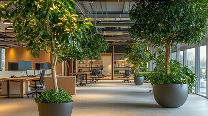 Canvas Print - Serene and Eco-Friendly Open-Plan Office with Lush Greenery