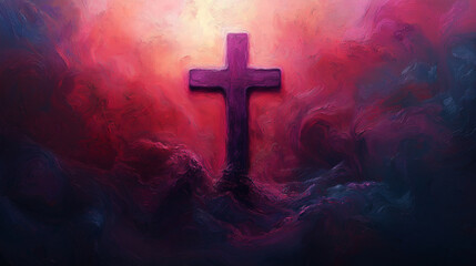 A cross is painted on a purple background