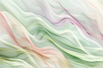 Wall Mural - Gentle pastel abstract waves in soft green and pink tones, evoking a sense of calm and serenity in flowing fluid patterns.