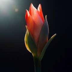 Poster - A single, unopened, orange flower bud with green sepals against a dark background.