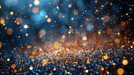 Poster - Glittering golden and blue particles dance in the air, creating a vibrant and enchanting atmosphere during a festive evening event
