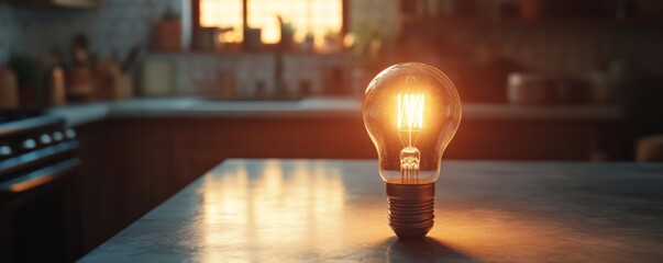 Poster - Lit light bulb on a kitchen counter, warm atmosphere. Innovation and inspiration concept