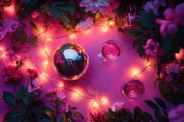 Wall Mural - girly night party still life with disco ball and fairy lights - ideal for posters, cards, and event 