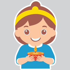 Poster - Sticker Style Cute Indian Girl Character Holding Illuminated Oil Lamp (Diwali Diya) on Grey Background.