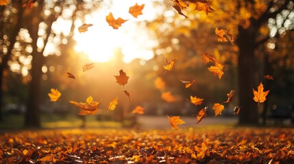 Wall Mural - Colorful autumn leaves floating down in a peaceful park during golden hour.