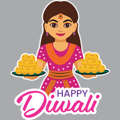 Sticker - Sticker Style Happy Diwali Text with Young Indian Girl Character Holding Plates of Sweet Balls (Laddu) on Grey Background.