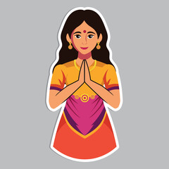 Sticker - Young Indian Girl Character Doing Namaste or Welcome in Sticker Style.