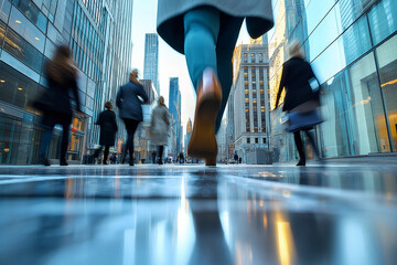 A busy city street with people walking and running