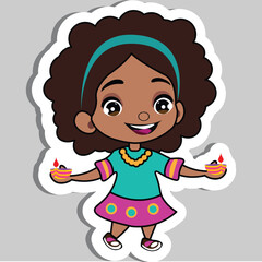 Sticker - Happy Indian Girl Character Holding Illuminated Oil Lamps (Diwali Diya) in Sticker Style on Grey Background.