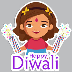 Canvas Print - Sticker Style Cute Indian Girl Character Celebrating Diwali Festival with Firecrackers on Grey Background.