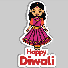 Canvas Print - Sticker Style Happy Diwali Text with Beautiful Indian Girl Character in Traditional Dress on Grey Background.