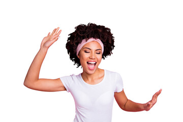 Wall Mural - Close up photo beautiful funky amazing she her dark skin lady club person hang out having fun dancing queen hip-hop modern moves wear head scarf casual white t-shirt isolated pink bright background