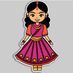 Sticker - Sticker Style Beautiful Indian Girl Character in Traditional Dress on Grey Background.