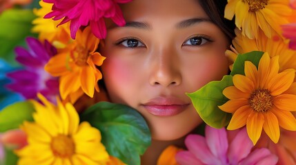 A woman is surrounded by flowers and leaves. The flowers are in various colors, including yellow, pink, and orange. The woman's face is the main focus of the image, and she is wearing makeup