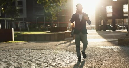 Poster - Businessman, phone call and discussion outdoor in city with walking, networking and communication. Entrepreneur, employee and person with smartphone for chat, talking and consulting with lens flare