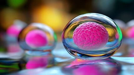 Poster - A pink ball is inside a clear glass. The ball is surrounded by other balls, some of which are also pink. Concept of curiosity and wonder, as the viewer is drawn to the unique