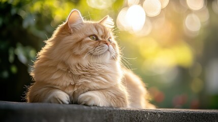 Wall Mural - A fluffy orange cat lounging peacefully in a sunlit garden.