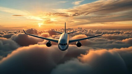 witness a stunning sunset as an airplane soars above the clouds during a serene evening flight in th
