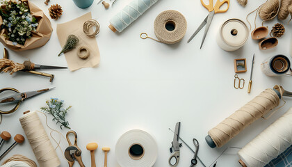 Pattern of clothes and tools on white background top view