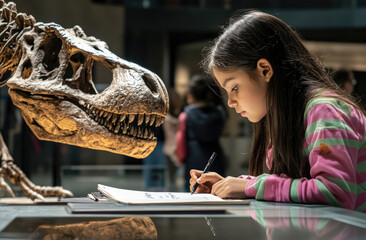 Sticker - A young girl writing on her sketchbook in front of the dinosaur skeleton, at an science museum with other visitors behind her