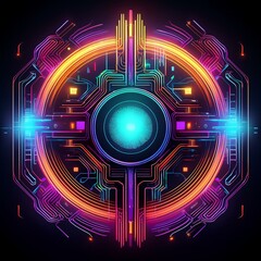 Sci fi future theme, circuits and glowing lines on a black background, vibrant neon line art