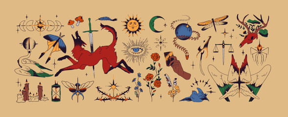 colored celestial tattoos set. stylized mystic elements: magic eye, occult moon, sun. abstract flowe