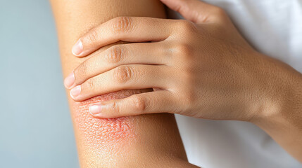 Close-up of a person holding their arm with red, dry, and irritated skin, showing signs of eczema or a skin condition.
