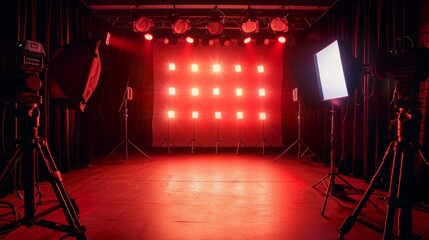 Red studio lighting setup with professional photography equipment