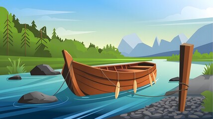 Wall Mural - landscape natural illustration with river in the boat