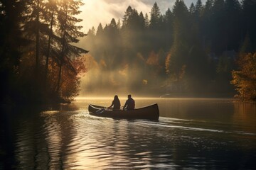 Wall Mural - Couple walking canoe vehicle rowboat.