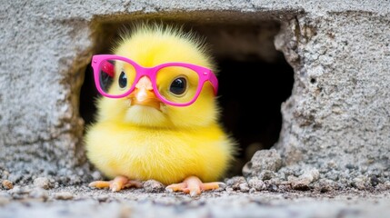 Wall Mural - A small yellow chick wearing pink glasses