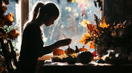 Silhouette of a woman crafting Thanksgiving decorations at a table