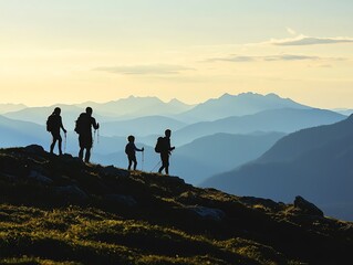 Silhouettes of a family hiking in the mountains at sunset.