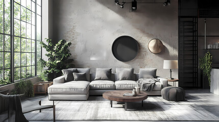 Living room interior in loft, industrial style, 3d render. 3D Render. Illustration