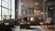 © Thiago - Living room interior in loft, industrial style, 3d render. 3D Render. Illustration