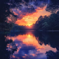 Poster - A stunning sunset reflecting on a calm lake with trees on the banks.