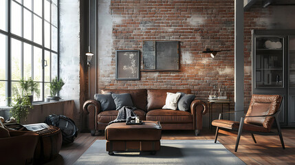 Living room interior in loft, industrial style, 3d render. 3D Render. Illustration