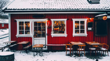 Wall Mural - A red building with tables and chairs outside in the snow