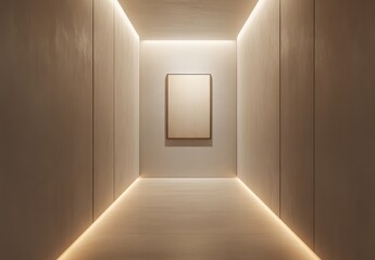 Minimalist hallway with clean walls, a single piece of artwork, and subtle lighting